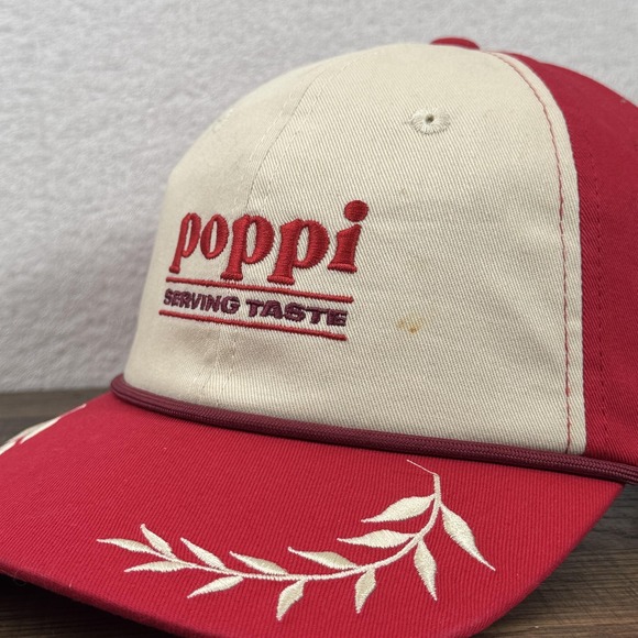 Poppi Hat Cap Snap Back Red Cream Embroidered Logo Soda Serving Taste Promo Mens - Picture 6 of 9